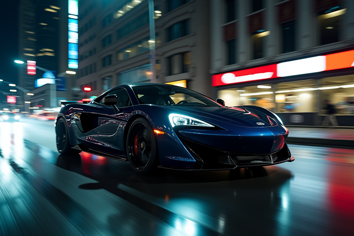 Voiture de sport moderne roulant en ville la nuit